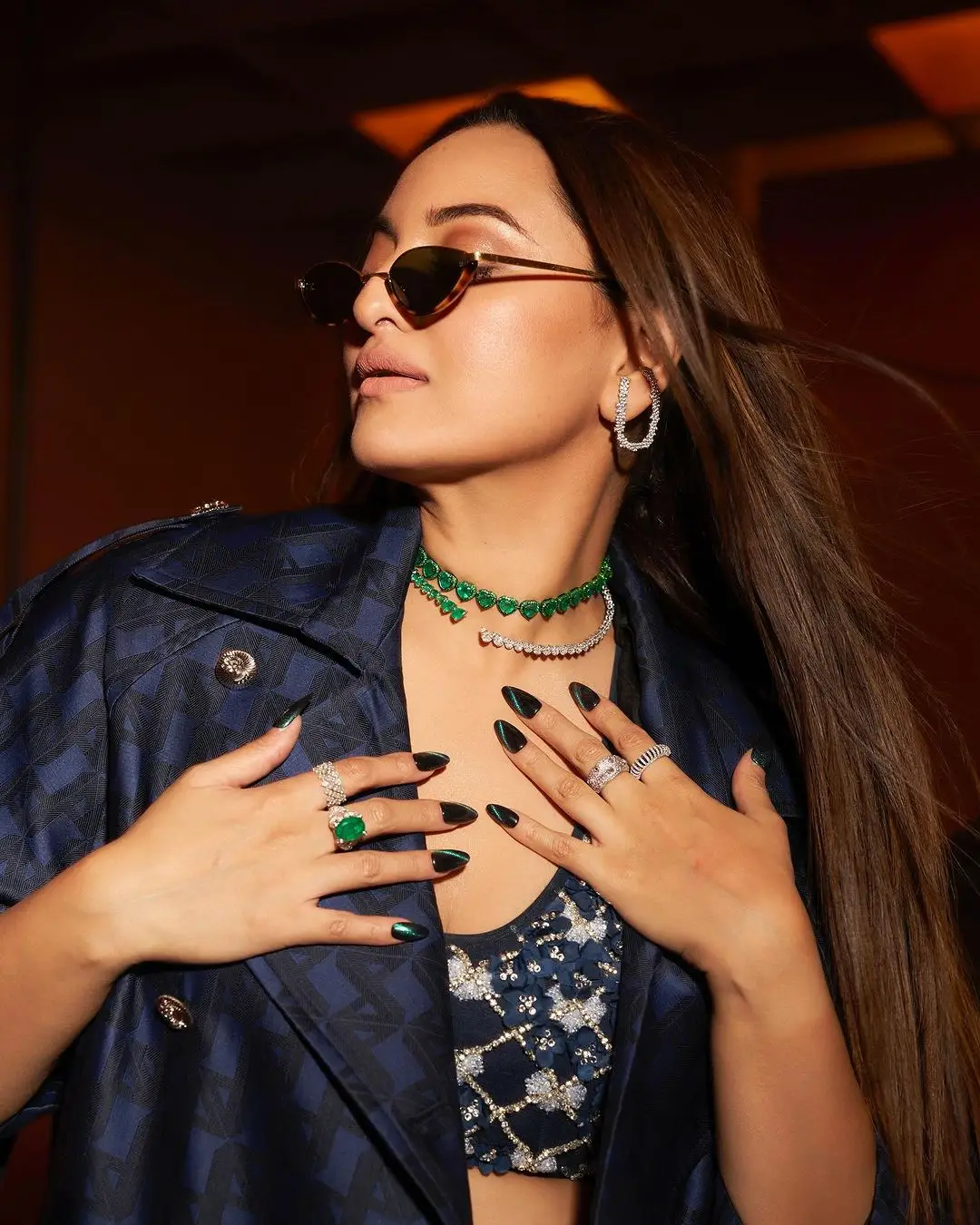 Sonakshi Sinha Wearing Beautiful Earrings Jewellery Blue Coat Pant